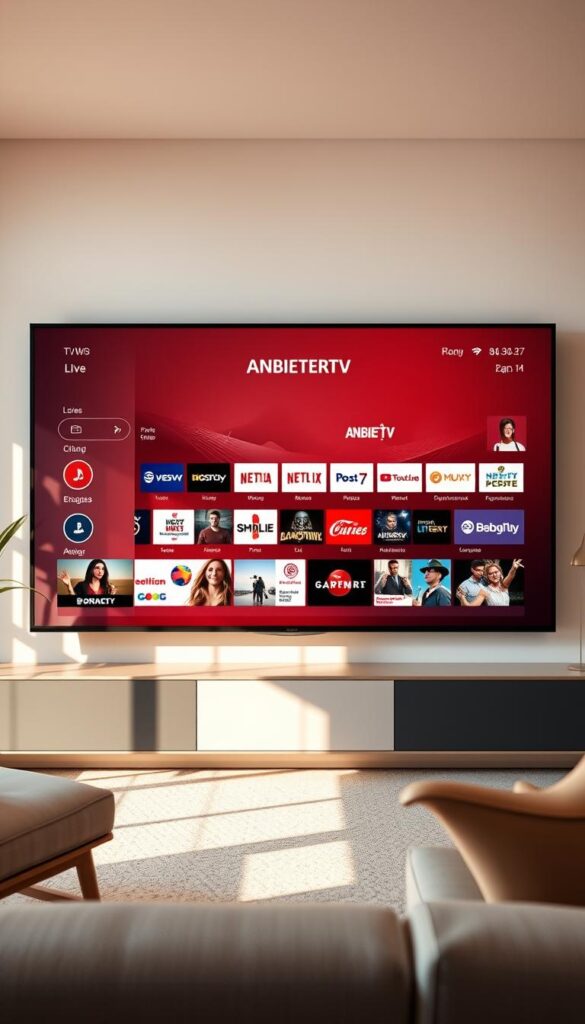 A modern, sleek and minimalist digital service provider interface showcasing the "IPTVANBIETERTV" brand. Centered on a large, high-resolution display screen depicting a diverse range of live TV channels, on-demand content, and digital media services available to German consumers. The screen is framed by a clean, minimalist aesthetic with subtle branding elements. The overall scene is bathed in warm, natural lighting, creating a welcoming and inviting atmosphere. The composition emphasizes the user experience, highlighting the breadth of entertainment options and seamless integration of IPTV technology into the modern German household.