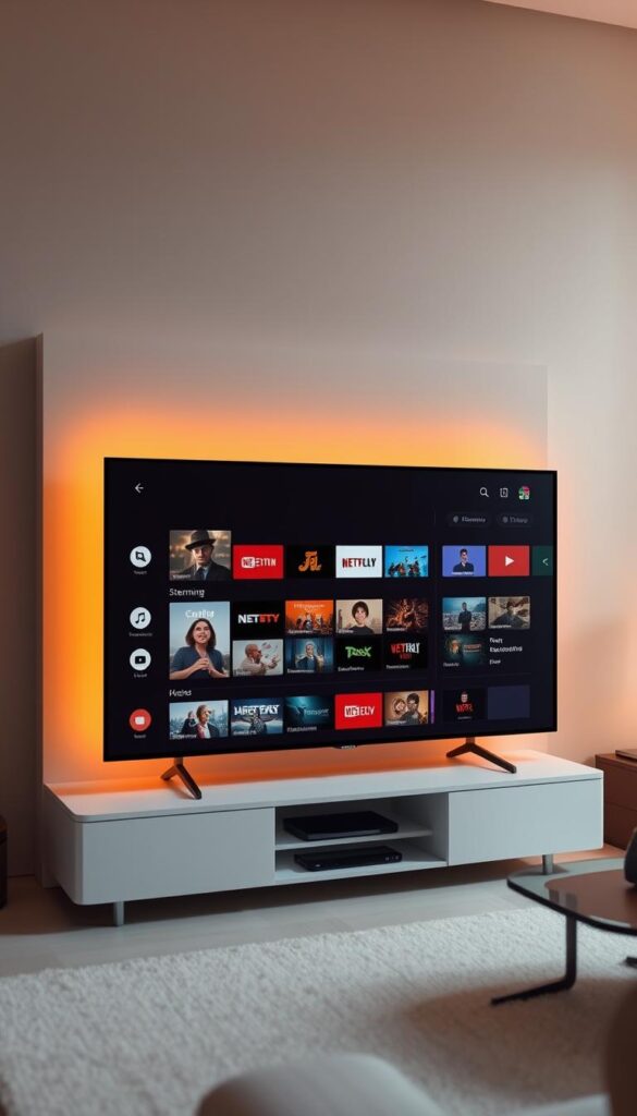 A modern, sleek, and minimalist digital television interface showcasing the IPTVANBIETERTV brand. Set against a soft, warm-toned background, the interface displays a clean grid layout of streaming channels and on-demand content, with intuitive menus and icons. Warm lighting illuminates the scene, creating a cozy and inviting atmosphere. The overall composition emphasizes the simplicity and user-friendliness of the IPTVANBIETERTV platform, making it an appealing choice for premium IPTV services in Germany.
