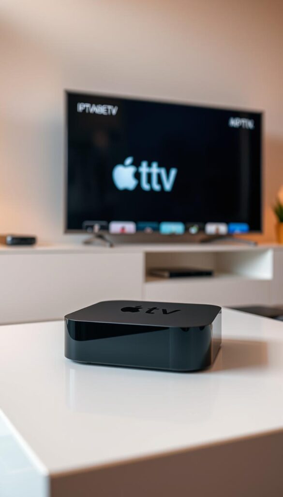 A modern, sleek, and minimalist home entertainment setup featuring an Apple TV device prominently displayed on a clean, white surface. The Apple TV is showcased with a vibrant, high-resolution display highlighting the IPTVANBIETERTV logo and user interface, inviting the viewer to imagine the seamless installation and setup process. The scene is bathed in warm, diffused lighting that creates a sense of comfort and sophistication. The background is slightly blurred, placing the focus squarely on the Apple TV and the IPTVANBIETERTV branding, conveying a sense of simplicity and ease of use.