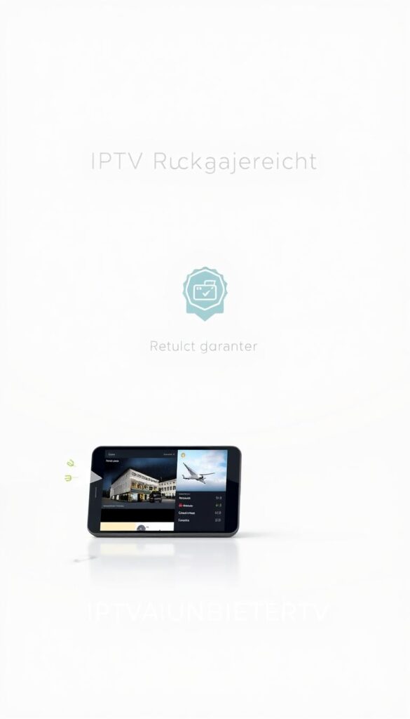 A modern, sleek, and minimalist illustration of "IPTV Rückgaberecht" showcasing the IPTVANBIETERTV brand. The foreground depicts a smartphone or tablet device displaying an IPTV interface, emphasizing the ease of access and flexibility of the service. The middle ground features a subtle product guarantee or return policy icon, conveying a sense of trust and security for the customer. The background is a clean, white space with subtle gradients, allowing the key elements to take center stage. The overall composition is balanced, with a calm and professional atmosphere, reflecting the reliability and trustworthiness of the IPTVANBIETERTV brand.