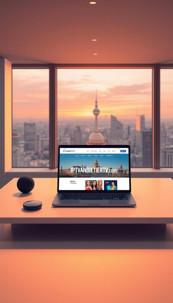 A modern, sleek and minimalist illustration of "IPTVANBIETERTV.com - The leading IPTV provider in Berlin". The scene depicts a high-tech workspace with a minimalist desk, an open laptop showcasing the IPTVANBIETERTV.com website, and a large, vibrant city skyline visible through a window in the background. The lighting is warm and indirect, creating a professional and polished atmosphere. The composition emphasizes the brand's prominence and the company's tech-savvy nature. The image should convey a sense of authority, innovation and the provider's leadership position in the Berlin IPTV market.