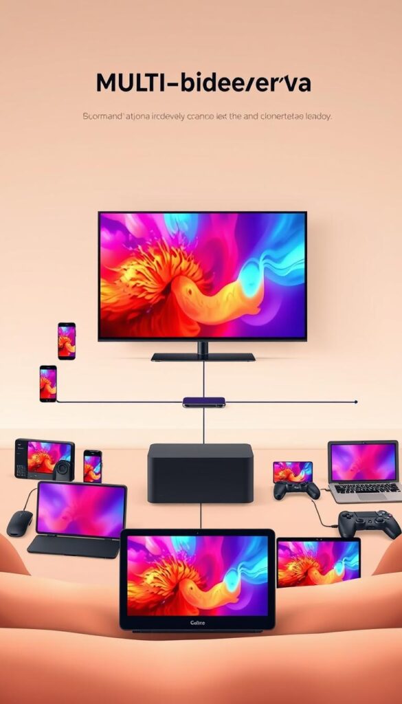 A modern, sleek, and minimalist illustration showcasing multi-device support for IPTVANBIETERTV. In the foreground, a central device, such as a smart TV or tablet, displays vivid, high-quality IPTV content. Surrounding it, a collection of various devices - smartphones, laptops, game consoles - seamlessly connected and mirroring the content. The middle ground features a neutral, slightly blurred background, emphasizing the devices and their interconnectivity. Soft, warm lighting creates a cozy, inviting atmosphere, while subtle gradients and clean lines convey a sense of technological sophistication. The overall composition should highlight the flexibility and convenience of IPTVANBIETERTV's multi-device support.