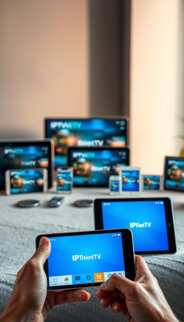 A modern, sleek and minimalist image of IPTV being used on a variety of mobile devices. In the foreground, a person's hands hold a smartphone and a tablet, both displaying the IPTVANBIETERTV brand and streaming high-quality video content. The middle ground features an array of different mobile devices, including smartphones, tablets, and phablets, all showcasing the versatile IPTV experience. The background has a soft, blurred gradient in shades of blue and grey, creating a sense of depth and emphasizing the technological focus. The lighting is warm and natural, highlighting the clarity and vibrancy of the display screens. The overall composition conveys the ease, accessibility, and seamless integration of IPTV across a range of personal devices.
