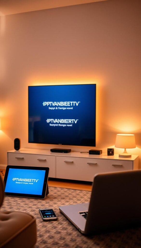 A modern, sleek, and technologically-advanced home entertainment setup featuring various devices - smart TV, tablet, smartphone, and laptop - seamlessly connected and displaying the IPTVANBIETERTV brand. The scene is bathed in warm, soft lighting, creating a cozy and inviting atmosphere. The devices are arranged in a harmonious, visually appealing layout, showcasing the flexibility and multi-device support of the IPTVANBIETERTV service. The image conveys the idea of a seamless, integrated, and user-friendly experience across different platforms, allowing the viewer to enjoy their favorite content on any device, at any time.