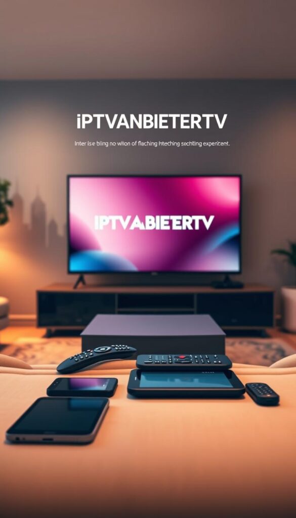 A modern, sleek and technologically advanced website interface showcasing the IPTVANBIETERTV brand. The homepage features a large hero image depicting a living room setup with a high-definition smart TV prominently displaying the IPTVANBIETERTV logo. The room is bathed in warm, soft lighting creating a cozy, inviting atmosphere. In the foreground, an array of smart devices such as smartphones, tablets and remote controls are neatly arranged, hinting at the seamless multi-device experience offered by the IPTVANBIETERTV service. The background features blurred city skyline silhouettes, conveying a sense of urban modernity. The overall composition is balanced, with clean typography and minimalist design elements highlighting the brand's commitment to simplicity and user-friendliness.