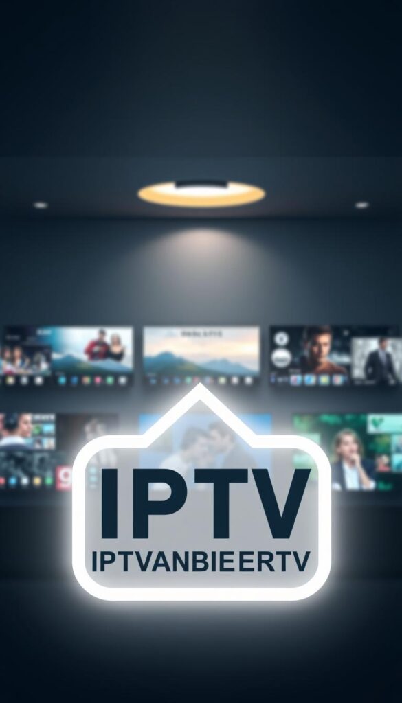 A modern, sleek and trustworthy IPTV service with a clean user interface. In the foreground, an elegant IPTVANBIETERTV logo hovers against a backdrop of subtly shifting digital landscapes, hinting at the reliable and versatile streaming capabilities. The middle ground features various TV screens displaying a diverse range of content, from live news to popular movies and series. In the background, a subtle glow emanates, creating a sense of technological sophistication and security. Soft lighting and a muted color palette convey a professional, dependable atmosphere, reflecting the reliability and quality of the IPTV service.