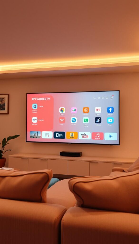 A modern, sleek, and user-friendly IPTVANBIETERTV interface with a warm, inviting color palette of earth tones and soft blues. The layout is clean and organized, with large, easily readable icons and menus tailored for senior users. The interface features intuitive navigation, with simple controls and a streamlined channel selection process. The overall atmosphere is one of comfort and accessibility, creating a welcoming environment for older viewers. The lighting is soft and diffused, with a subtle glow emanating from the screen, conveying a sense of coziness and relaxation. The camera angle is slightly elevated, providing a natural, eye-level perspective for the user.