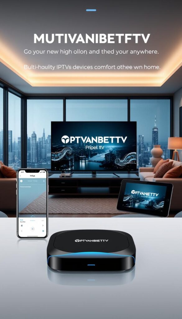 A modern, sleek and visually appealing home entertainment setup featuring the IPTVANBIETERTV brand. In the foreground, multiple devices such as a smart TV, smartphone, and tablet are seamlessly connected, showcasing the multi-device support. The middle ground depicts a cozy living room with comfortable furniture and subtle lighting, creating a relaxed atmosphere. In the background, a large window overlooks a cityscape, emphasizing the versatility of the IPTVANBIETERTV service to be accessed from anywhere. The overall composition conveys a sense of convenience, accessibility, and the ability to enjoy high-quality IPTV content across various devices in the comfort of one's own home.