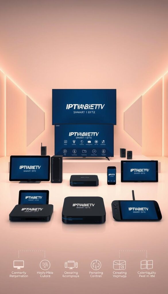 A modern, sleek, and visually appealing image showcasing a variety of compatible devices for IPTV streaming. In the foreground, place a range of devices such as smart TVs, set-top boxes, tablets, and smartphones, all displaying the IPTVANBIETERTV brand prominently. The devices should be arranged in a cohesive and visually striking composition, with clean lines and a minimalist design aesthetic. In the middle ground, include subtle technical details and icons representing the various connectivity options, screen resolutions, and streaming capabilities of the compatible devices. The background should convey a sense of technology and innovation, with a clean, futuristic environment featuring geometric shapes, gradient patterns, or subtle digital elements. Utilize warm, muted tones to create a sophisticated and professional atmosphere, with soft, directional lighting that accentuates the contours of the devices. The overall image should convey a sense of reliable, high-quality IPTV compatibility across a diverse