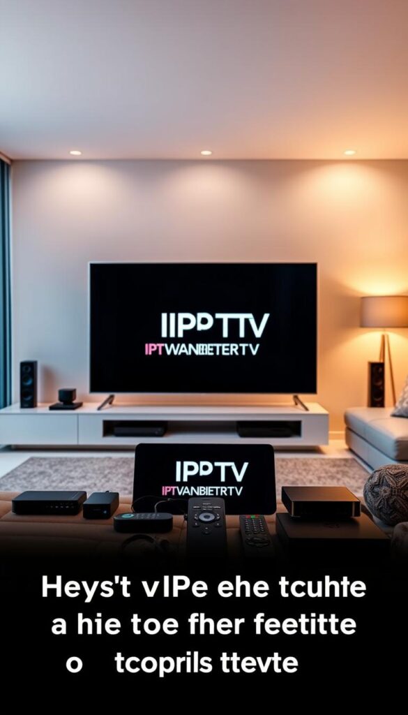 A modern, sleek, and visually appealing setup showcasing the benefits of IPTV compared to traditional TV services. In the foreground, a state-of-the-art smart TV displaying the IPTVANBIETERTV brand logo, surrounded by various streaming devices and remote controls. The middle ground features a clean, minimalist living room setting with comfortable seating and warm lighting, emphasizing the convenience and flexibility of IPTV. The background depicts a cityscape with skyscrapers, suggesting the advanced technology and connectivity of IPTV. The overall scene conveys a sense of sophistication, innovation, and the superior viewing experience offered by IPTVANBIETERTV.