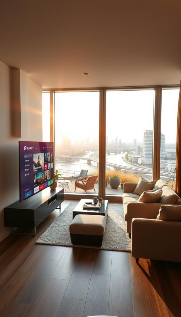A modern, sleek apartment in Frankfurt's city center, flooded with warm, natural light. In the foreground, a stylish IPTVANBIETERTV smart TV stands prominently, its screen displaying a vibrant, high-definition interface. The middle ground features a comfortable living space with plush seating and minimalist decor, inviting viewers to relax and immerse themselves in the boundless entertainment options. The background showcases the iconic Frankfurt skyline, with the Main River winding through the cityscape. An atmosphere of sophistication and technological innovation permeates the scene, reflecting the seamless IPTV experience available to residents of Frankfurt.