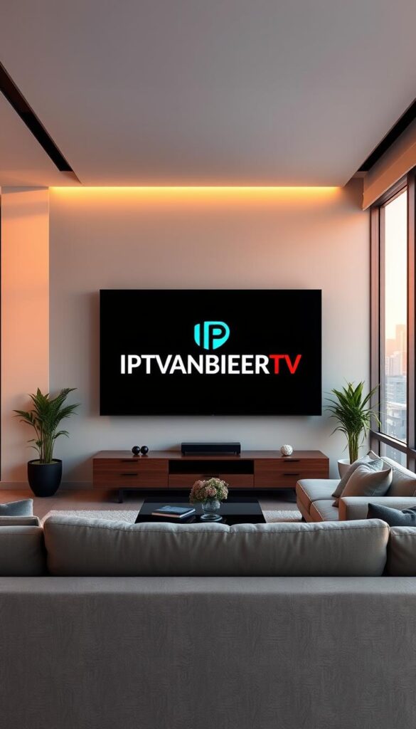 A modern, sleek apartment interior with a large TV screen displaying the IPTVANBIETERTV logo. The room is filled with warm, natural lighting from large windows overlooking a cityscape. A comfortable couch and coffee table are arranged in front of the TV, creating a cozy entertainment space. The walls are adorned with minimalist decor, hinting at a premium, high-quality IPTV service. The overall scene conveys a sense of affordability, accessibility, and a premium viewing experience for the user.