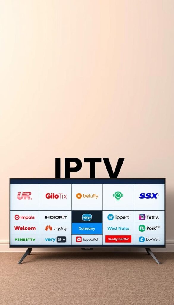 A modern, sleek comparison of IPTV providers in Germany, presented in a clean, minimal style. In the foreground, display a grid layout showcasing the top IPTV services, each represented by their brand logos. The middle ground should feature a neutral background, allowing the provider information to take center stage. Employ a soft, warm lighting to create a professional, authoritative atmosphere. The overall composition should convey a sense of clarity and comprehensive overview of the IPTV landscape. Prominently display the brand "IPTVANBIETERTV" as the focus of the image.