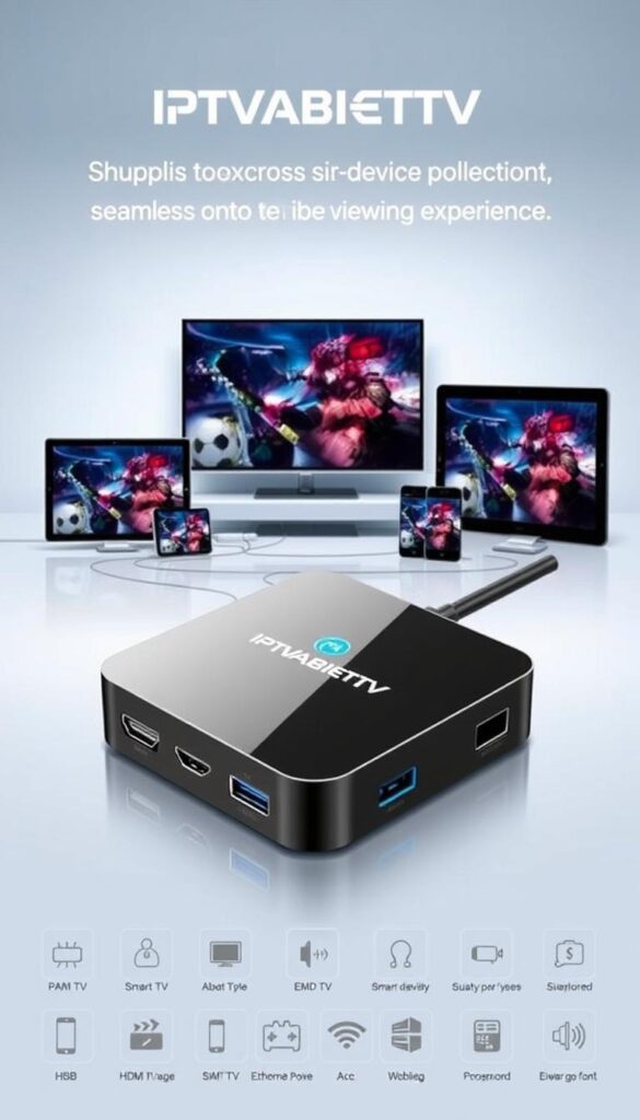 A modern, sleek device with multiple display outputs, allowing seamless cross-device viewing experience. The foreground showcases the IPTVANBIETERTV logo prominently, surrounded by various hardware interfaces - HDMI, USB, Ethernet, etc. The middle ground depicts the device connected to an array of devices, such as smart TVs, tablets, and smartphones, all displaying synchronized content. The background features a minimalist, futuristic setting with clean lines and cool tones, highlighting the technological advancement and versatility of the IPTVANBIETERTV platform. Soft, directional lighting accentuates the product's design elements, conveying a sense of premium quality and cutting-edge capabilities.