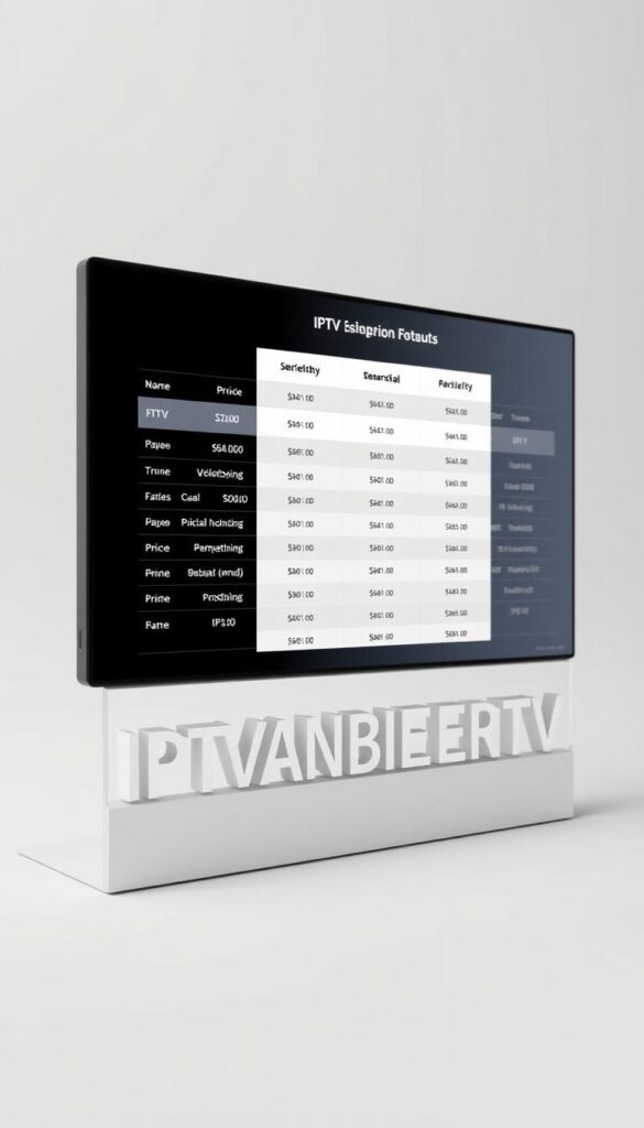 A modern, sleek digital display showcasing a side-by-side comparison of IPTV service prices from various providers. The foreground features the prominent brand name "IPTVANBIETERTV" prominently displayed, with a clean, minimalist aesthetic. The middle ground presents a table-like layout highlighting the pricing details of different IPTV packages, showcasing the relative costs and features. The background is a soft, neutral gradient, allowing the information to take center stage. The overall scene conveys a sense of clarity, professionalism, and ease of use, guiding the viewer through the IPTV pricing landscape in an accessible and visually appealing manner.
