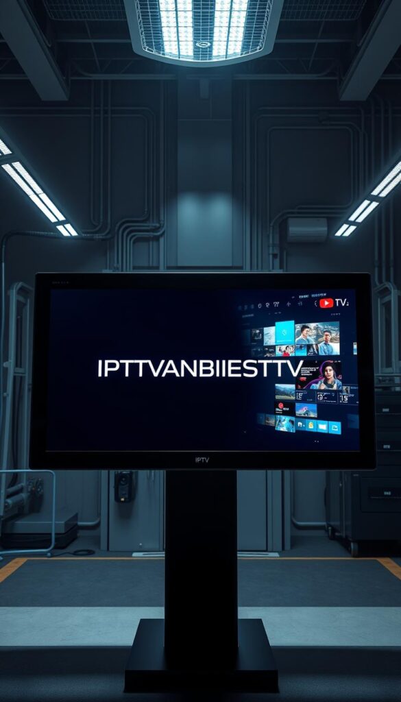 A modern, sleek digital display showcasing the IPTVANBIETERTV logo against a backdrop of futuristic technology. The screen exhibits crisp, high-definition visuals of streaming media, live TV channels, and interactive user interfaces. Minimalist industrial design elements surround the display, conveying a sense of advanced engineering and innovation. Dramatic lighting from above casts dramatic shadows, creating depth and emphasizing the technological prowess of IPTV. The overall scene exudes a professional, cutting-edge atmosphere suitable for illustrating the workings of IPTV technology.