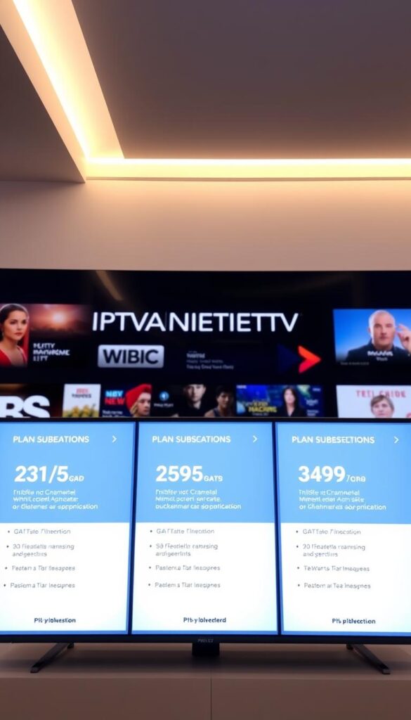 A modern, sleek digital display showcasing the subscription options for IPTVANBIETERTV. The foreground features a minimalist arrangement of plan tiles, each highlighting a different package with its pricing, channel count, and key features. The middle ground depicts a subtle background of streaming graphics, conveying the digital, on-demand nature of the service. The lighting is clean and professional, with a soft, warm glow illuminating the display. The overall composition strikes a balance between informative and visually appealing, designed to engage the viewer and communicate the breadth of IPTVANBIETERTV's subscription offerings.