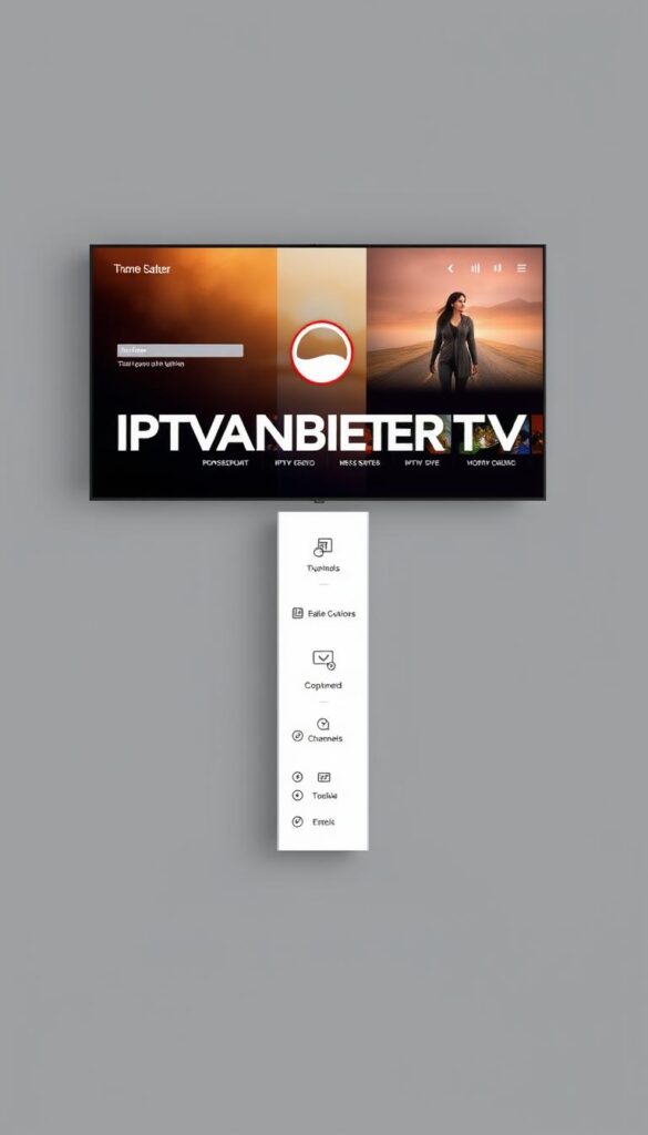 A modern, sleek digital interface displaying the IPTVANBIETERTV brand logo and navigation menu against a minimalist grey backdrop. The interface features high-quality digital content thumbnails, a clean typography layout, and intuitive controls for browsing and selecting IPTV channels and services. The overall composition conveys a sense of professionalism, reliability, and technological sophistication in the IPTV provider industry.