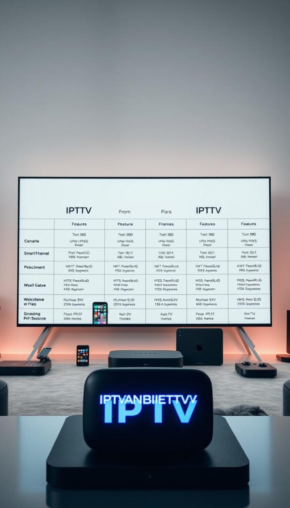 A modern, sleek digital interface showcasing a side-by-side comparison of IPTV subscription plans from leading providers. The foreground features the IPTVANBIETERTV brand logo prominently displayed, with detailed pricing, channel lineups, and feature breakdowns arranged in a clean, easy-to-digest layout. The middle ground depicts a variety of smart devices like smartphones, tablets, and streaming boxes, highlighting the versatility of the IPTV services. The background bathes the scene in a soft, neutral color palette with subtle technical textures, conveying a sense of sophistication and professionalism. Subtle cinematic lighting accentuates the high-quality, premium feel of the IPTV offerings.