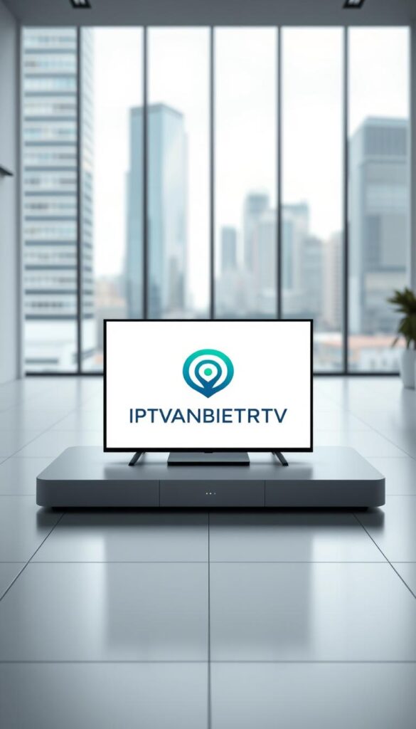 A modern, sleek digital media platform displaying the IPTVANBIETERTV logo in the center. The platform is situated in a well-lit, minimalist interior with clean lines and a muted color palette. The background features a blurred cityscape visible through large windows, conveying a sense of technology and progress. The overall composition evokes a professional, trustworthy, and innovative image for the leading legal IPTV provider in Germany.