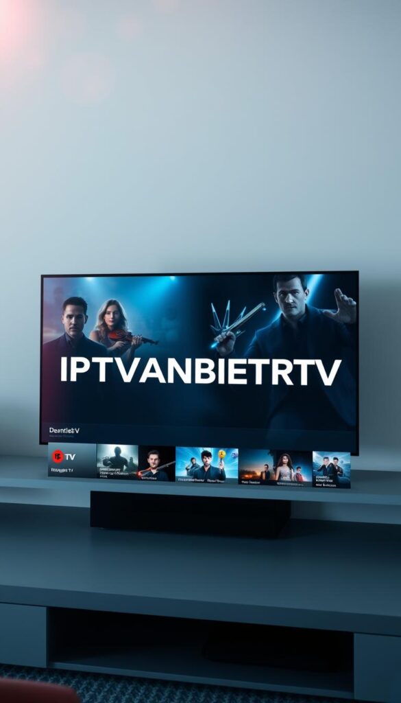 A modern, sleek digital service platform displaying the brand name "IPTVANBIETERTV" in a minimalist, bold font. The interface features high-quality, sharply focused imagery of various TV channels and streaming content, conveying a sense of premium entertainment offerings. The layout is clean and intuitive, with intuitive navigation controls and a sophisticated color palette of blues, grays, and whites. Subtle lens flare and soft lighting create a polished, high-tech aesthetic, while the overall composition suggests a reliable, cutting-edge IPTV provider catering to discerning German consumers.
