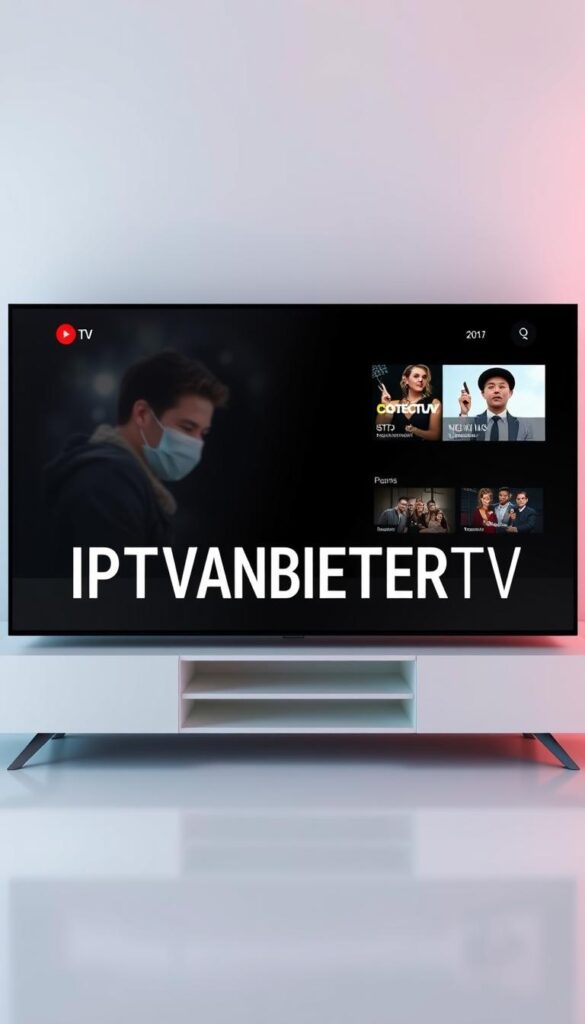 A modern, sleek digital service providing top-tier IPTV entertainment in Deutschland. Prominently display the brand name "IPTVANBIETERTV" as the centerpiece, framed by a minimalist, high-contrast interface showcasing a diverse selection of popular channels and streaming content. Capture the convenience and reliability of this premium IPTV solution with a clean, uncluttered design aesthetic and subtle visual cues hinting at the vast library of entertainment options available. Render this scene with a crisp, high-resolution 3D perspective, utilizing dramatic lighting to accentuate the sharp lines and vibrant colors. Convey a sense of technological sophistication and user-friendly accessibility that embodies the IPTVANBIETERTV brand promise.