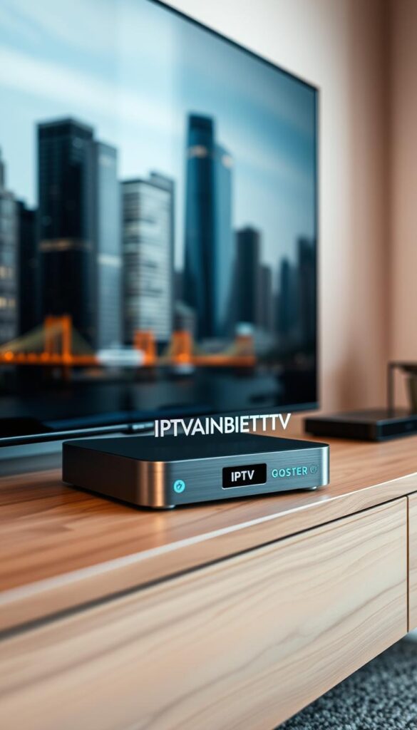 A modern, sleek digital set-top box displaying the IPTVANBIETERTV logo, sitting atop a minimalist wooden entertainment console. The box has a brushed metal finish, with clean lines and subtle branding. The background features a blurred cityscape, hinting at the urban setting and high-tech nature of the IPTV service. Soft, diffused lighting creates a warm, inviting atmosphere, while the camera angle emphasizes the product's premium design and functionality. The overall scene conveys a sense of technological sophistication and reliable, high-quality IPTV service for the German market.