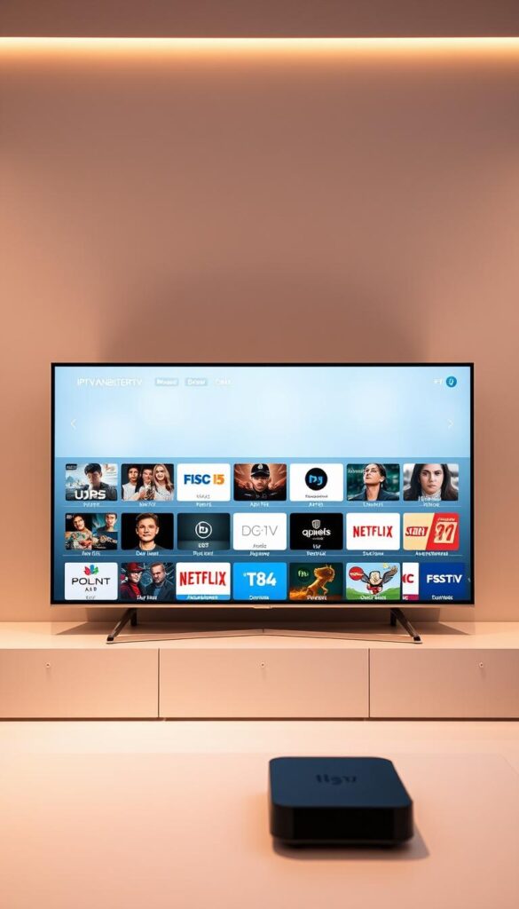 A modern, sleek digital television platform with a robust selection of high-definition channels, showcasing the comprehensive offering of IPTVANBIETERTV. Set against a crisp, minimalist backdrop, the interface displays a clean grid layout highlighting the breadth of content available. Subtle gradients and polished UI elements convey a sense of premium quality, while warm lighting and soft focus create an inviting, immersive atmosphere. The overall composition emphasizes the platform's user-friendly design and the variety of entertainment choices, perfectly capturing the essence of the "Umfangreiches Kanalangebot von iptvanbietertv.com" section.