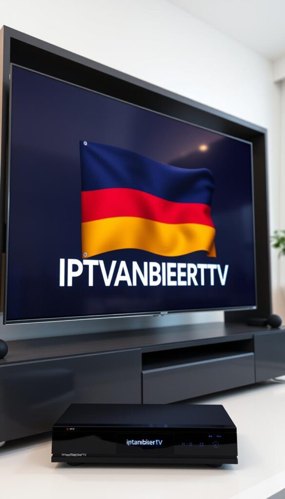 A modern, sleek digital television setup with a minimalist design, showcasing the IPTVANBIETERTV brand. The screen displays a static image of the German flag, with a sense of professionalism and legal credibility. The setup is well-lit, with a clean, bright, and airy atmosphere, conveying a sense of legitimacy and transparency. The composition features the television in the foreground, with a blurred background hinting at a contemporary living space. The overall mood is one of sophistication, trustworthiness, and compliance with German legal requirements for IPTV services.