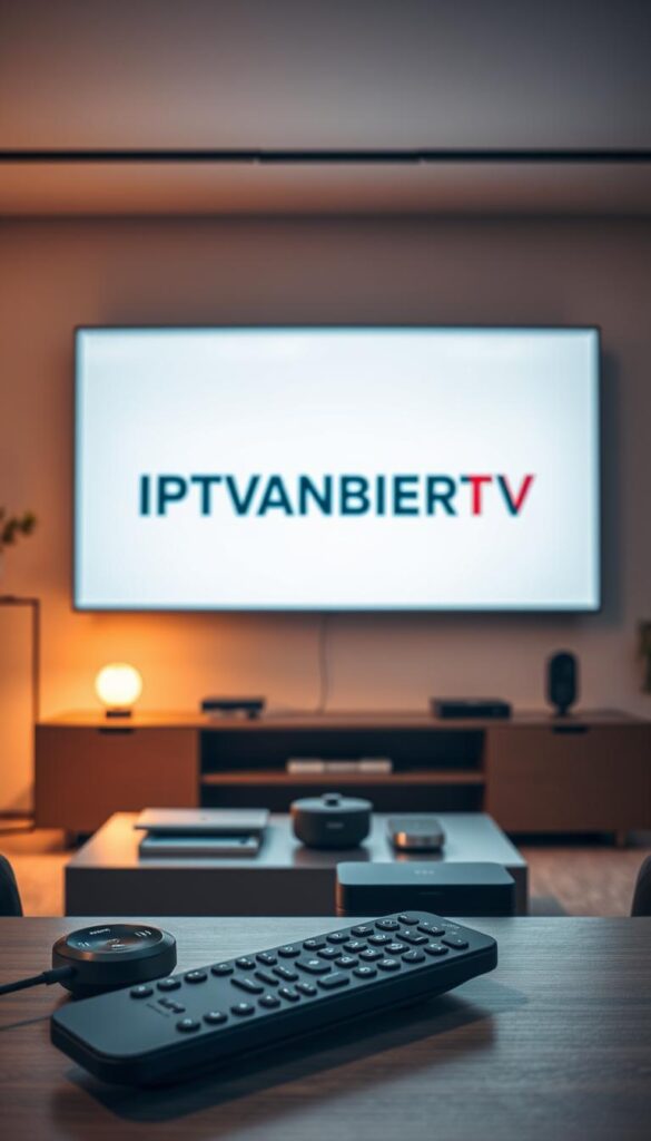 A modern, sleek home entertainment hub featuring the IPTVANBIETERTV brand name prominently displayed on a large, high-resolution screen. The scene is bathed in warm, diffused lighting, creating a cozy and inviting atmosphere. In the foreground, a high-end remote control and other smart home devices are arranged neatly, hinting at the seamless integration and user-friendly experience offered by the IPTVANBIETERTV service. The background depicts a minimalist, contemporary living room setting, with clean lines and neutral tones that complement the overall aesthetic. The entire composition conveys a sense of reliability, quality, and the cutting-edge technology that IPTVANBIETERTV provides to its customers in Germany.