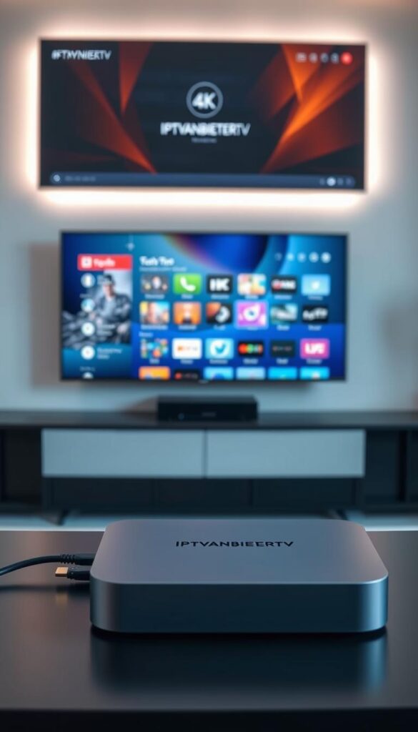 A modern, sleek home entertainment setup with a large 4K smart TV displaying the IPTVANBIETERTV interface. The TV is mounted on the wall, surrounded by minimalist decor and subtle ambient lighting. In the foreground, a compact set-top box or streaming device with the IPTVANBIETERTV logo sits atop a modern media console, connected to the TV via high-quality HDMI cables. The setup exudes a sense of simplicity and user-friendliness, inviting the viewer to easily navigate and enjoy the IPTVANBIETERTV service.