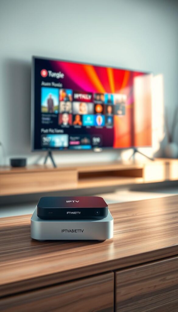 A modern, sleek home entertainment setup with an IPTVANBIETERTV box prominently displayed. The box sits atop a minimalist, wood-grain media console, surrounded by clean lines and neutral tones. Soft, diffused lighting casts a warm glow, creating a cozy, inviting atmosphere. In the background, a large, high-definition TV screen displays a vibrant, colorful interface, hinting at the vast content available through the IPTV service. The overall scene conveys a sense of effortless technology integration, making the IPTV installation process appear simple and intuitive.
