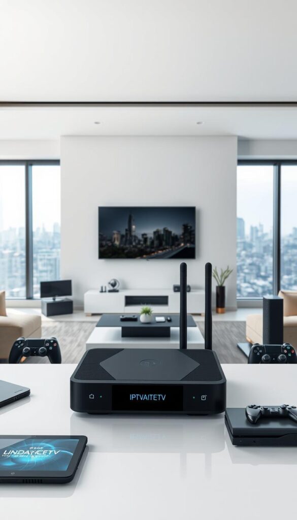 A modern, sleek home entertainment setup with an IPTVANBIETERTV device prominently displayed in the foreground. The device is surrounded by various electronic gadgets such as a high-end smart TV, gaming console, and tablet. The middle ground showcases a minimalist living room with clean lines, neutral tones, and subtle lighting. The background features large windows overlooking a city skyline, creating a sense of urban sophistication. The overall scene conveys the seamless integration of IPTV technology across multiple devices, allowing the user to enjoy a comprehensive media experience in the comfort of their home.