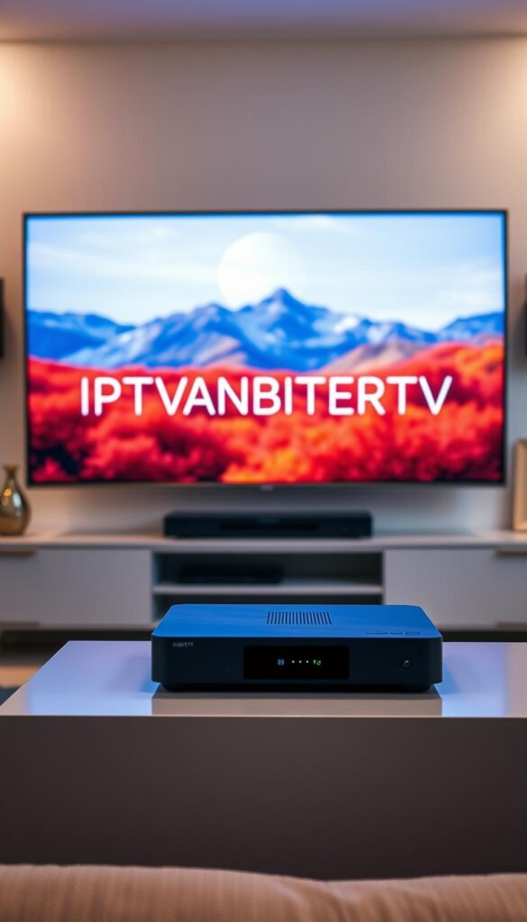 A modern, sleek home entertainment system with a focus on smooth, uninterrupted IPTV streaming. Prominently featuring the brand name "IPTVANBIETERTV" in a clean, minimalist font. The scene depicts a living room setup with a large, high-definition television screen taking center stage. The television displays vivid, crystal-clear imagery with no visible buffering or lag. In the foreground, a state-of-the-art IPTV set-top box or streaming device sits atop a modern, well-designed media console. The lighting is soft and warm, creating a cozy, inviting atmosphere. The background features subtle, elegant decor elements that complement the overall aesthetic. The composition is balanced and visually appealing, showcasing the seamless integration of IPTVANBIETERTV's reliable IPTV service within a sophisticated home entertainment setup.