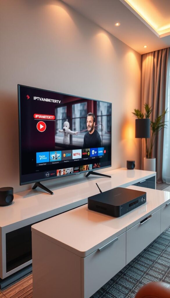 A modern, sleek home media setup with a large flatscreen TV displaying the IPTVANBIETERTV interface. The room is bathed in warm, soft lighting from hidden sources, creating a cozy, inviting atmosphere. On a clean, minimalist media stand, a high-end streaming device is prominently displayed, ready to provide seamless access to international TV channels. The overall scene conveys a sense of effortless technology integration and a simplified, intuitive IPTV experience.