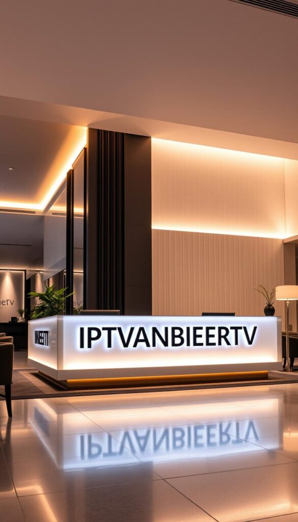 A modern, sleek hotel lobby with a large reception desk featuring the prominent "IPTVANBIETERTV" brand name displayed prominently. The space is bathed in warm, ambient lighting, creating a welcoming atmosphere. The background showcases a stylish, minimalist design with clean lines and neutral tones, complementing the hotel's sophisticated aesthetic. The overall scene conveys a sense of professionalism and attention to detail, reflecting the brand's positioning as the leading IPTV provider for hotels in Germany.