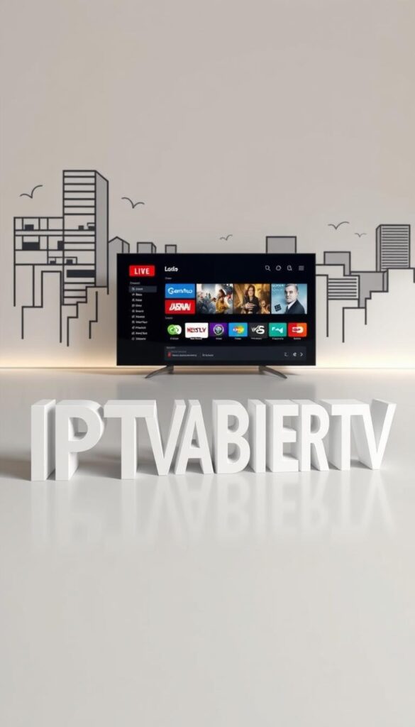 A modern, sleek illustration showcasing IPTVANBIETERTV, the leading IPTV provider in Germany. The foreground features the brand name prominently displayed in a clean, bold typeface, with a subtle 3D effect for depth. The middle ground depicts a well-designed user interface, showcasing the variety of live TV channels and on-demand content available. The background is a minimalist, monochromatic cityscape, representing the urban German setting. The overall mood is professional, high-quality, and trustworthy, conveying the reliability and expertise of IPTVANBIETERTV as the premier IPTV service in the country. The lighting is soft and natural, creating a warm, inviting atmosphere. The camera angle is slightly elevated, giving the image a sense of authority and prestige.