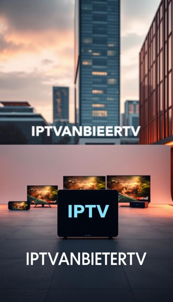 A modern, sleek image of the leading IPTV provider in Germany, IPTVANBIETERTV. Set against a minimalist urban backdrop, the provider's logo stands prominently in the foreground, accentuated by warm, directional lighting that casts subtle shadows. The middle ground showcases various connected devices seamlessly streaming high-quality content, conveying the provider's low-latency, multi-device capabilities. The background features a skyline of contemporary German architecture, reflecting the provider's nationwide presence and reliability. The overall mood is professional, tech-savvy, and trustworthy, aligning with the provider's position as the premier IPTV service in the country.