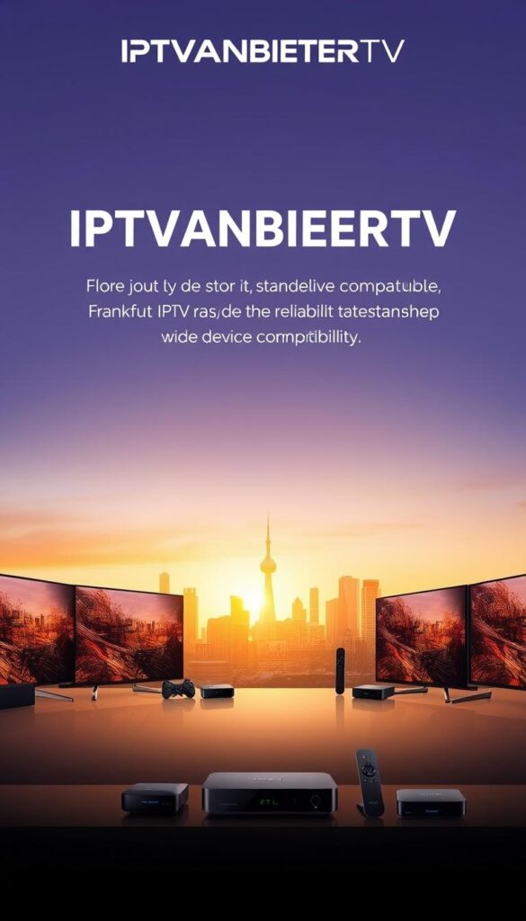 A modern, sleek interface showcasing the IPTVANBIETERTV brand. Crisp typography and a clean, minimalist design highlight the company's reliable IPTV services. In the foreground, a row of smart TVs and streaming devices demonstrate the wide device compatibility. The middle ground features a city skyline of Frankfurt, Germany, bathed in warm, golden lighting to convey a sense of comfort and reliability. The background gradually fades into a serene, soft-focus gradient, creating a sense of depth and professionalism. The overall mood is one of sophisticated technology, high-quality entertainment, and the convenience of IPTV services tailored to the local Frankfurt market.