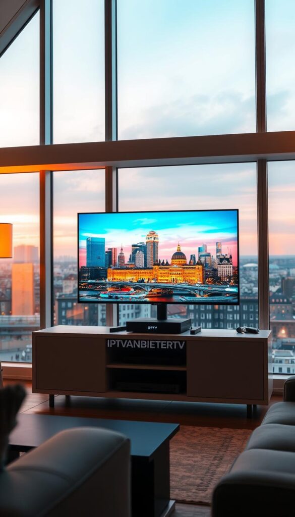 A modern, sleek interior of a living room in Frankfurt, Germany. Large windows with a cityscape view of the Frankfurt skyline in the background. A state-of-the-art IPTV streaming setup on a minimalist TV stand, featuring the IPTVANBIETERTV brand. Warm, ambient lighting creates a cozy atmosphere. The TV displays dynamic, high-quality content with vibrant colors and sharp details. The room is furnished with contemporary, stylish furniture, giving an impression of a technologically advanced, yet comfortable living space.