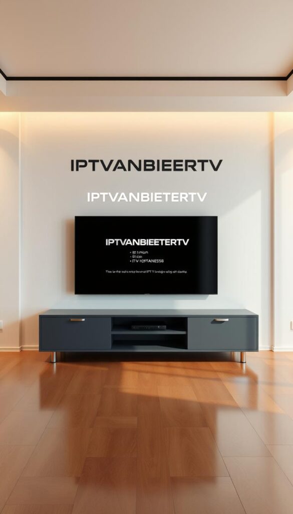 A modern, sleek interior showcasing an IPTVANBIETERTV subscription package. Soft, warm lighting illuminates a minimalist TV stand displaying a large, high-definition screen. Elegant typography presents the service name and plan details in a clean, minimalist style. The scene conveys a sense of premium quality, reliability, and user-friendly accessibility, reflecting the trustworthy IPTVANBIETERTV brand. Subtle reflections on the stand's surface add depth and sophistication. The overall composition is balanced, with a focus on the screen as the central element, highlighting the quality of the IPTV service.