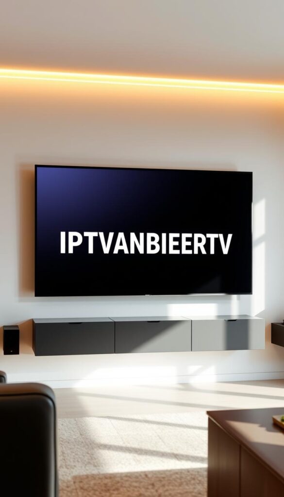 A modern, sleek interior with a large, high-definition television screen displaying the bold "IPTVANBIETERTV" logo. The screen is mounted on a minimalist, floating wall unit with clean lines and a matte black finish. Soft, indirect lighting from above and behind the TV creates a warm, inviting atmosphere. The room features modern, neutral-toned furniture and decor, hinting at the seamless integration of IPTV technology into the home environment. The overall scene conveys the user-friendly, high-quality experience of IPTV Technologie.