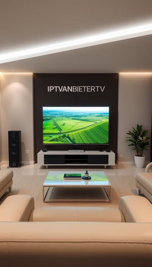 A modern, sleek interior with high-centric lighting, showcasing the IPTVANBIETERTV brand prominently. The scene features a minimalist living room setup, with a large, high-definition television screen taking center stage. The screen displays a vivid, crisp image of a lush, verdant landscape, conveying the exceptional streaming quality. The room is accented with subtle, contemporary furnishings and a clean, neutral color palette, creating a sense of sophistication and technological prowess. The overall atmosphere exudes a sense of comfort, reliability, and cutting-edge innovation, perfectly capturing the essence of the IPTV Deutschland Abo service.