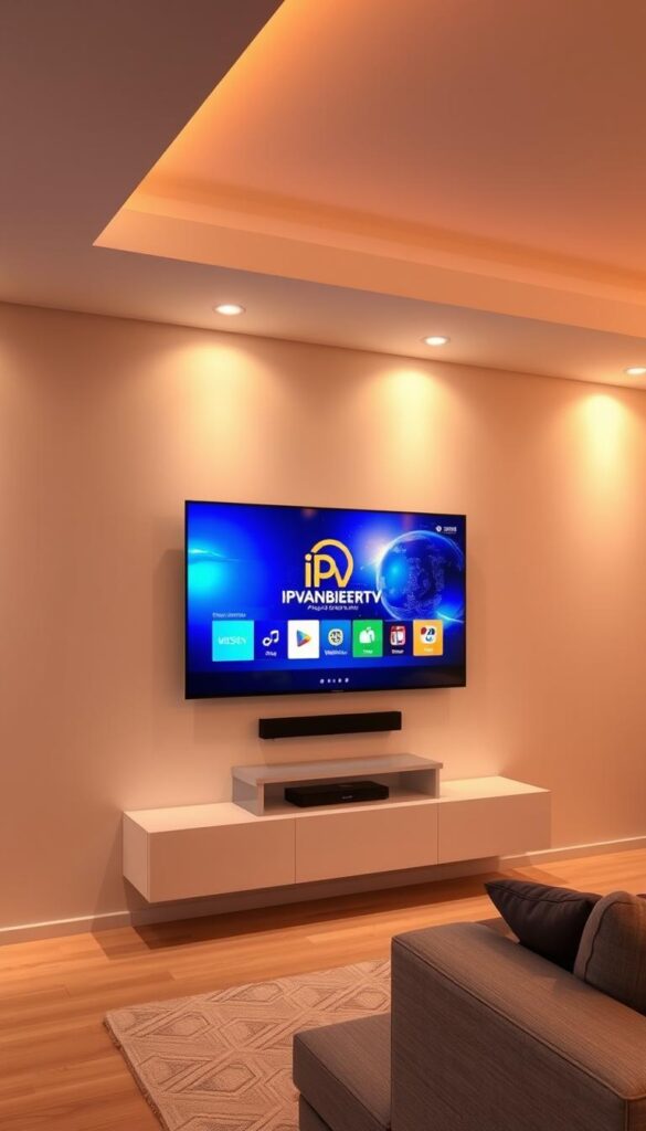 A modern, sleek living room interior with a large flat-screen TV mounted on the wall. The TV screen displays a vibrant, high-definition IPTV streaming interface, featuring the IPTVANBIETERTV brand logo prominently. Warm, indirect lighting illuminates the room, creating a cozy and inviting atmosphere. The room's design is minimalist, with clean lines and a neutral color palette, allowing the TV to be the focal point. The overall scene conveys the convenience and accessibility of IPTV streaming for in-home entertainment.