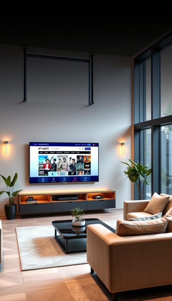 A modern, sleek living room interior with a large, high-definition smart TV displaying the IPTVANBIETERTV.com website on the screen. The TV is mounted on a minimalist, floating wall unit with integrated storage and lighting. The room has large windows letting in plenty of natural light, complemented by warm, indirect lighting fixtures. The furniture includes a comfortable sofa and armchair in neutral tones, a coffee table, and potted plants adding a touch of greenery. The overall atmosphere is one of sophistication, technology, and relaxation, highlighting the premium IPTV service with recording capabilities.