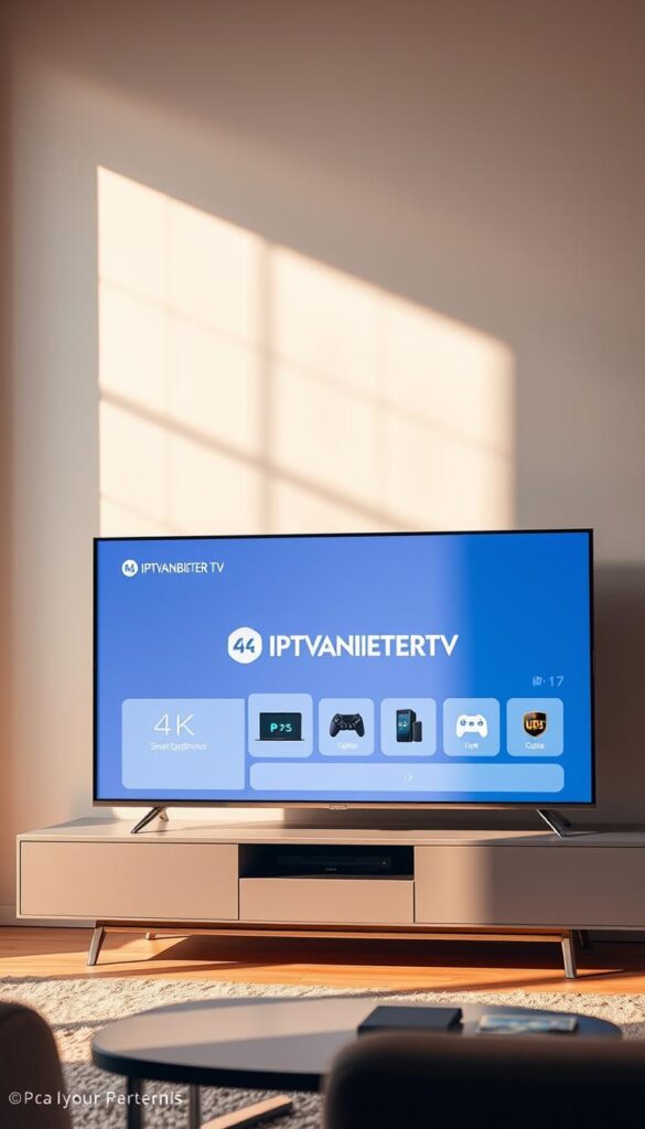 A modern, sleek living room setting with a large 4K smart TV prominently displayed on a minimalist media console. The TV screen showcases the IPTVANBIETERTV logo and interface, highlighting its compatibility with various devices like smartphones, tablets, and gaming consoles. The room is bathed in warm, natural lighting, creating a cozy and inviting atmosphere. The background features subtle, blurred architectural elements, emphasizing the TV as the focal point. The overall composition conveys a sense of technological sophistication and seamless device integration.