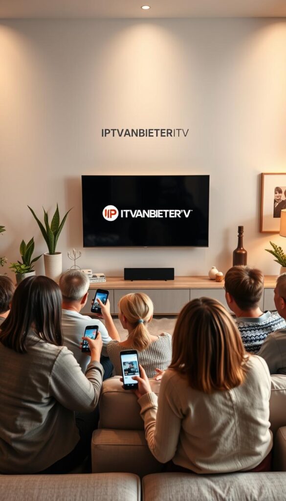 A modern, sleek living room setting with a large flatscreen TV mounted on the wall. In the foreground, a group of people of diverse ages and backgrounds are gathered around the TV, watching content on multiple devices - smartphones, tablets, and laptops. The TV displays the IPTVANBIETERTV logo prominently. Soft, warm lighting illuminates the scene, creating a cozy and inviting atmosphere. The background features tasteful decor elements like plants, artwork, and minimalist furniture, conveying a sense of comfort and sophistication. The overall composition emphasizes the convenience and versatility of the IPTVANBIETERTV multi-screen experience.