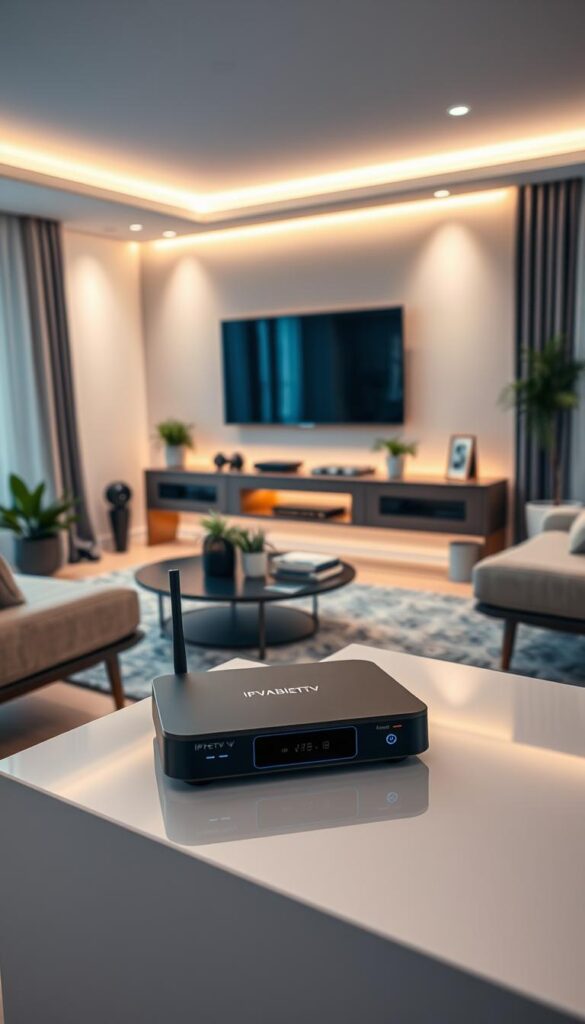 A modern, sleek living room setting with an IPTVANBIETERTV streaming device prominently displayed on a TV stand. Soft, warm lighting illuminates the space, creating a cozy and inviting atmosphere. The room features a large, high-definition TV mounted on the wall, with the IPTVANBIETERTV device connected and visible. The room is tastefully decorated with contemporary furniture, plants, and a few personal touches, conveying a sense of comfort and technology integration. The overall scene suggests the ease and convenience of IPTV streaming on various devices, including smartphones and tablets, for the user's entertainment and information needs.