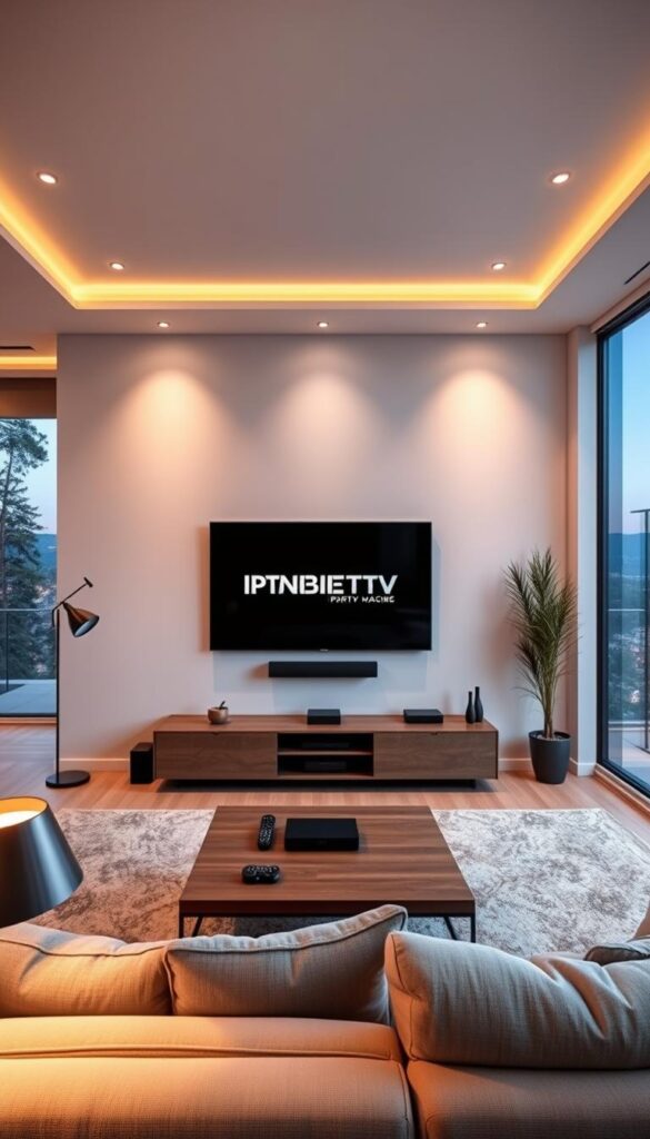 A modern, sleek living room with a large 4K TV mounted on the wall, displaying the IPTVANBIETERTV brand logo. The room is bathed in warm, diffused lighting from floor lamps and recessed ceiling fixtures, creating a cozy, inviting atmosphere. In the foreground, a comfortable sofa and coffee table create a perfect setup for an immersive IPTV viewing experience. The middle ground features a minimalist entertainment unit housing various streaming devices, while the background showcases large windows overlooking a picturesque outdoor scene, blending the digital and physical worlds seamlessly.
