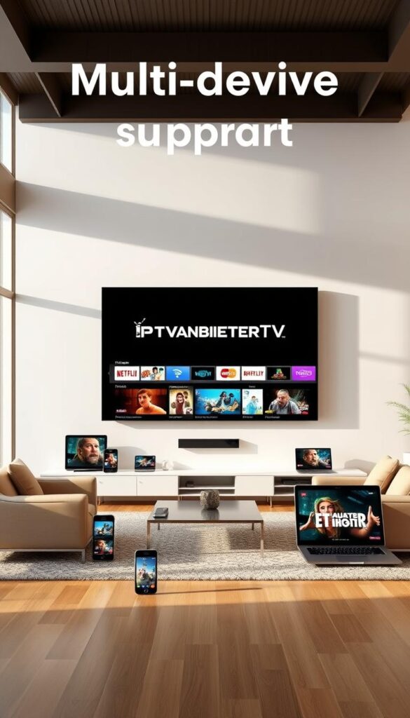 A modern, sleek living room with a large 4K television on the wall, flanked by several smaller screens representing smartphones, tablets, and laptops. The room is brightly lit with natural light filtering in through large windows, creating a warm and inviting atmosphere. On the television screen, the IPTVANBIETERTV logo is prominently displayed, highlighting the multi-device support capabilities of the IPTV service. The other screens show various streaming content, reflecting the ability to access the IPTV service across all of the user's devices. The overall scene conveys the convenience and flexibility of IPTV technology, allowing the viewer to enjoy their favorite content on any device, at any time.